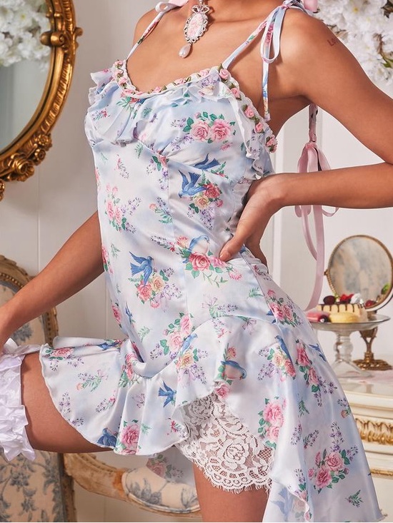 Sugar Thrillz Dresses & Skirts - Pastel Blue Floral Satin Ruffle Dress with Lace